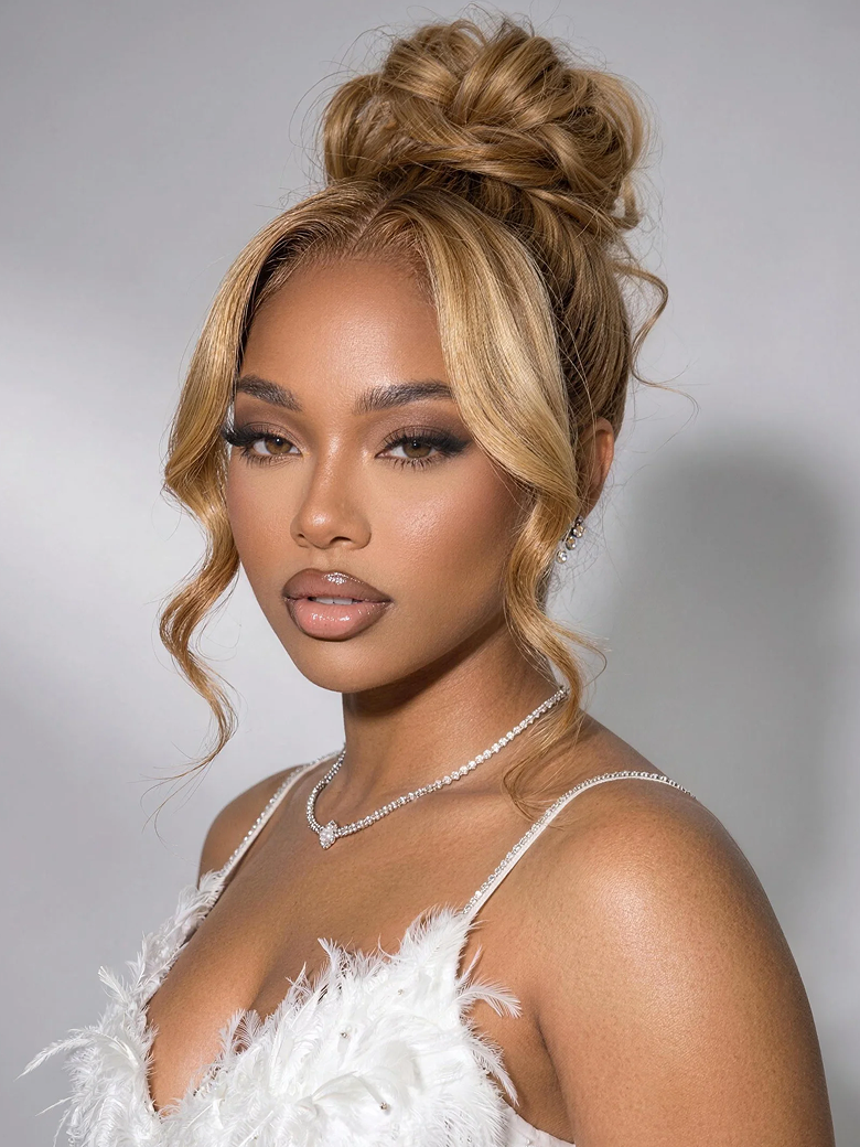 A model displays the UNice 7x5 Bye Bye Knots Wig With Drawstring Pre-Cut Glueless Lace Honey Blonde Body, showing a model with blonde hair and a white feathered dress.