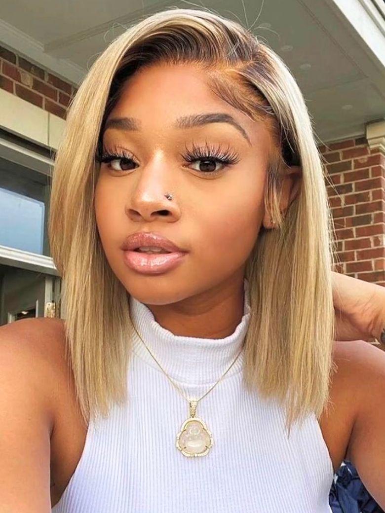 A model displays the UNice Blonde with Brown Roots Side Part Blunt Bob Wig 7x5 Bye Bye Knots Lace Wig, showing a blonde bob bob bob bob bob bob bob bob bob bob bob bob.