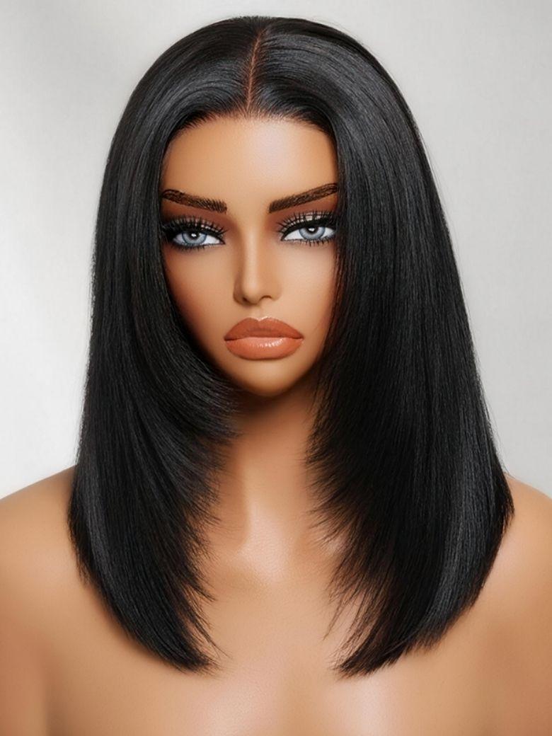 A model displays the UNice Full Lace 100% Handmade Black Straight Bob Wig with Face Framing Layers, showing a black wig with long hair and straight texture, lace finish.