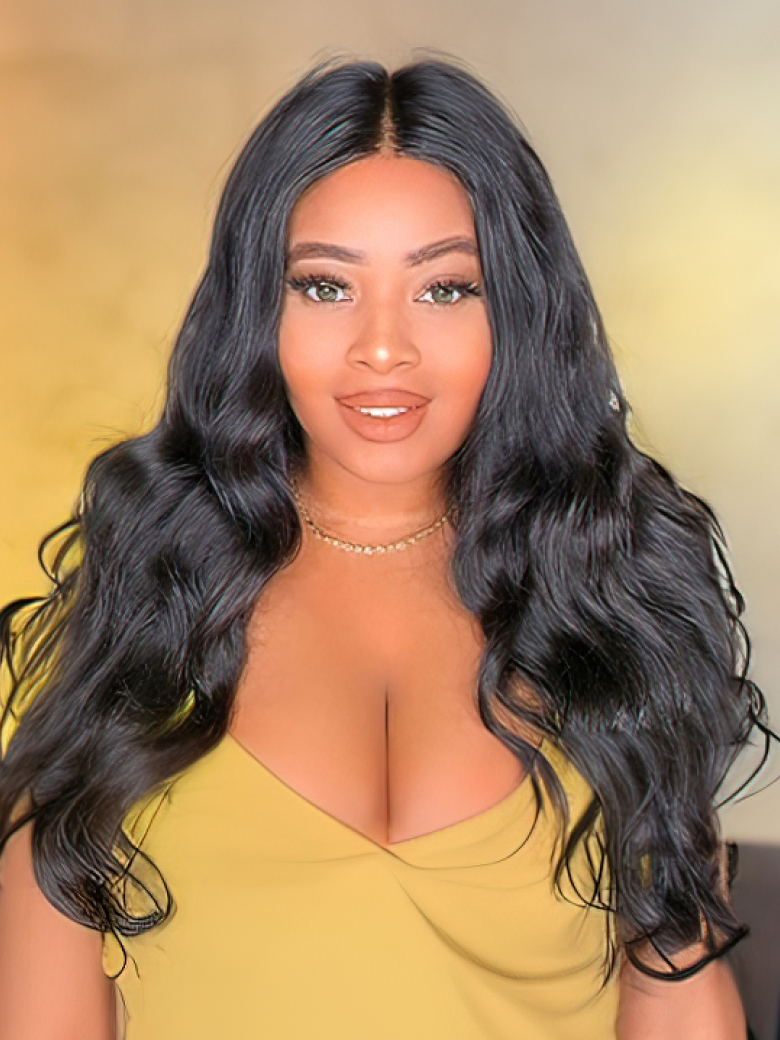 A model displays the UNice 5x5 Clear HD Lace Closure With Body Wave 3Pcs Bundles, showing a model with long black hair and a yellow dress and body wave texture, 5x5.