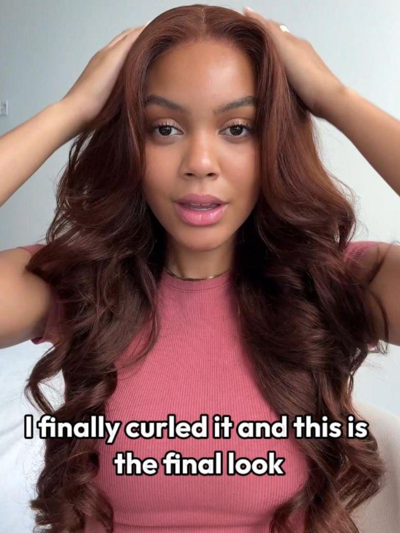 A model displays the UNice Glueless Auburn/Red Brown 13x4 Pre-Everything & 7x5 Lace Wig Loose Wave, showing a model with long brown hair and a pink top and loose wave.
