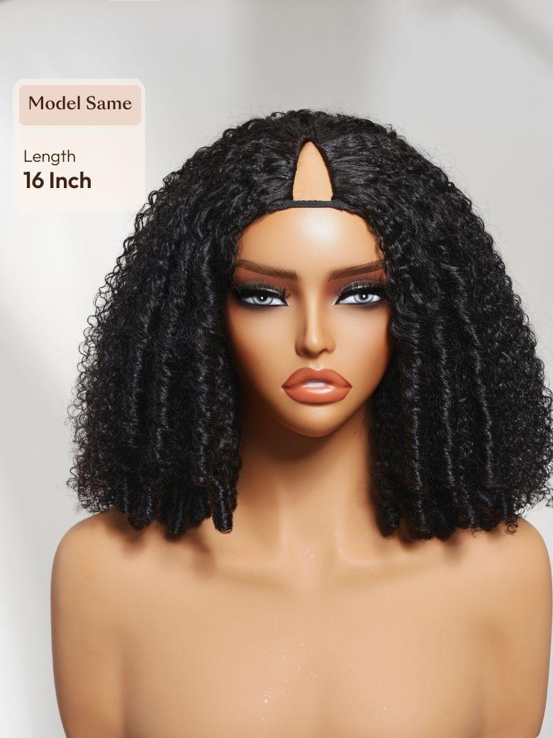 A model displays the UNice EasiContour V Part Afro Kinky Curly with Finger Coil Ends Drawstring Wig, showing a model with long curly hair and a black wig and kinky curly.