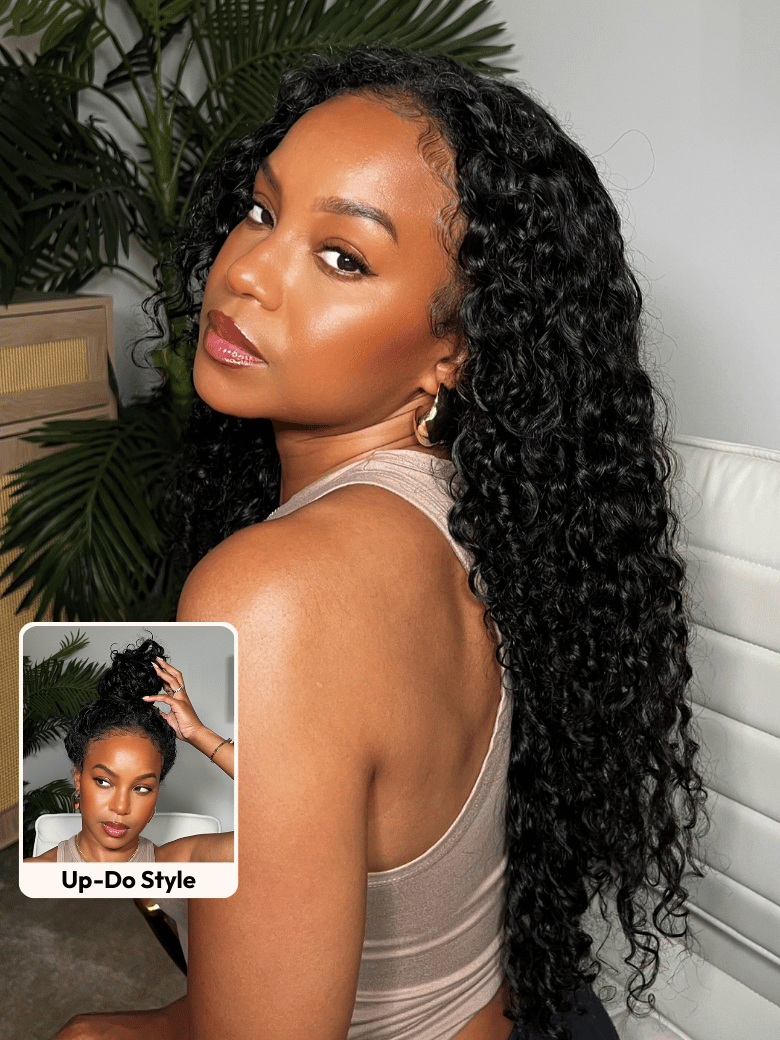 A model displays the UNice With Drawstring Invisi Blend V Part Bouncy Water Wave Curly Seamless Blending wig, showing a model with long black hair and a white shirt.