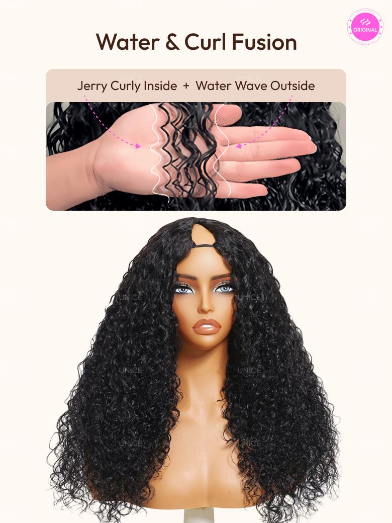 The UNice InvisiBlend V Part Bouncy Water Wave Curly Seamless Blending Wig With image highlights Water&CurlFusion, ORIGINAL, JerryCurly Inside+WaterWaveOutside, curly.