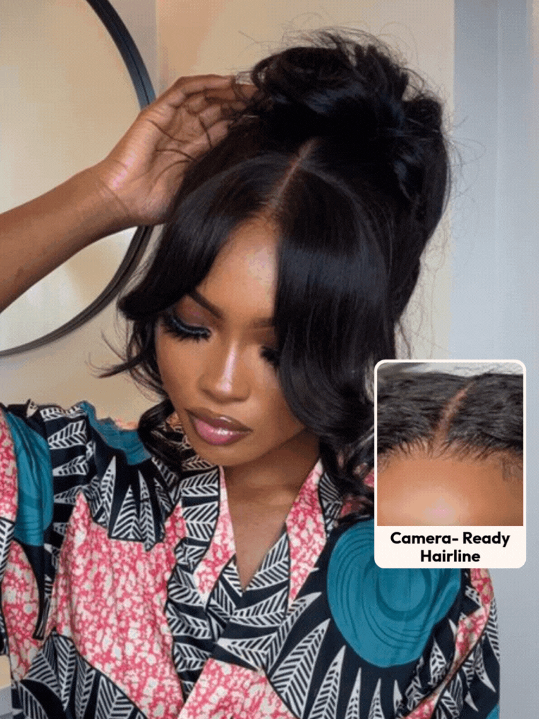 A model displays the UNice 13x4 HD Real Scalp Wig Pull And Go Drawstring Loose Wave with Face Framing, showing a model is getting her hair done and loose wave texture.