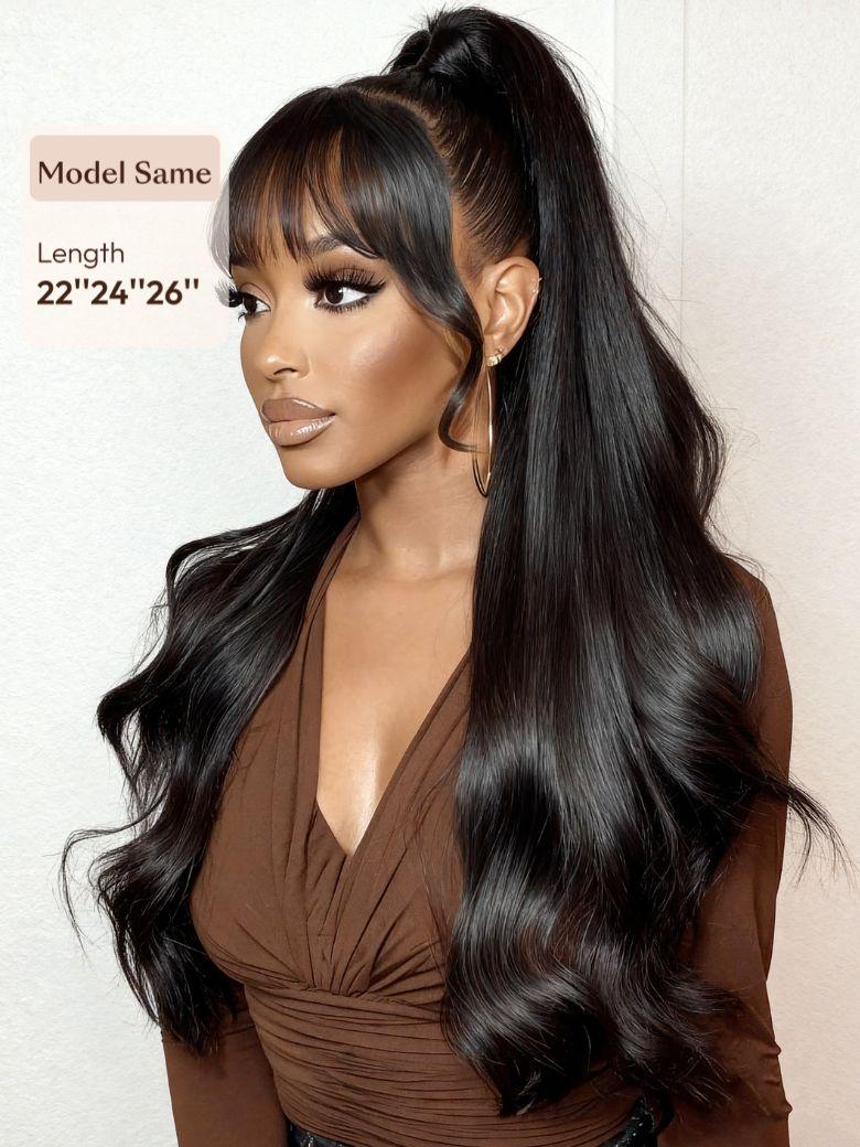 A model displays the UNice 3pcs/pack Peruvian Virgin Hair Loose Wave, showing a model with long black hair wearing a brown top and loose wave texture.