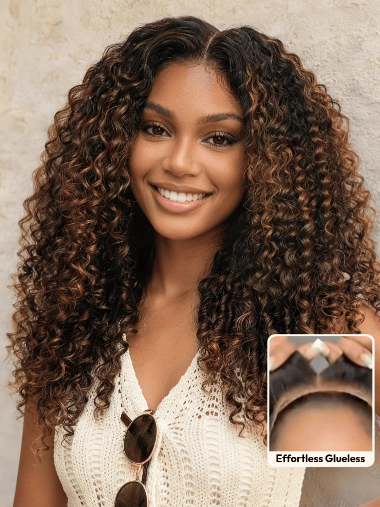 UNice 7x5 Bye Bye Slip™ Glueless Lace Black to Chestnut Brown Ombre Burmese Curly With Finger Coil Ends Wig-Vacation Ready With Flexi-Fit Drawstring