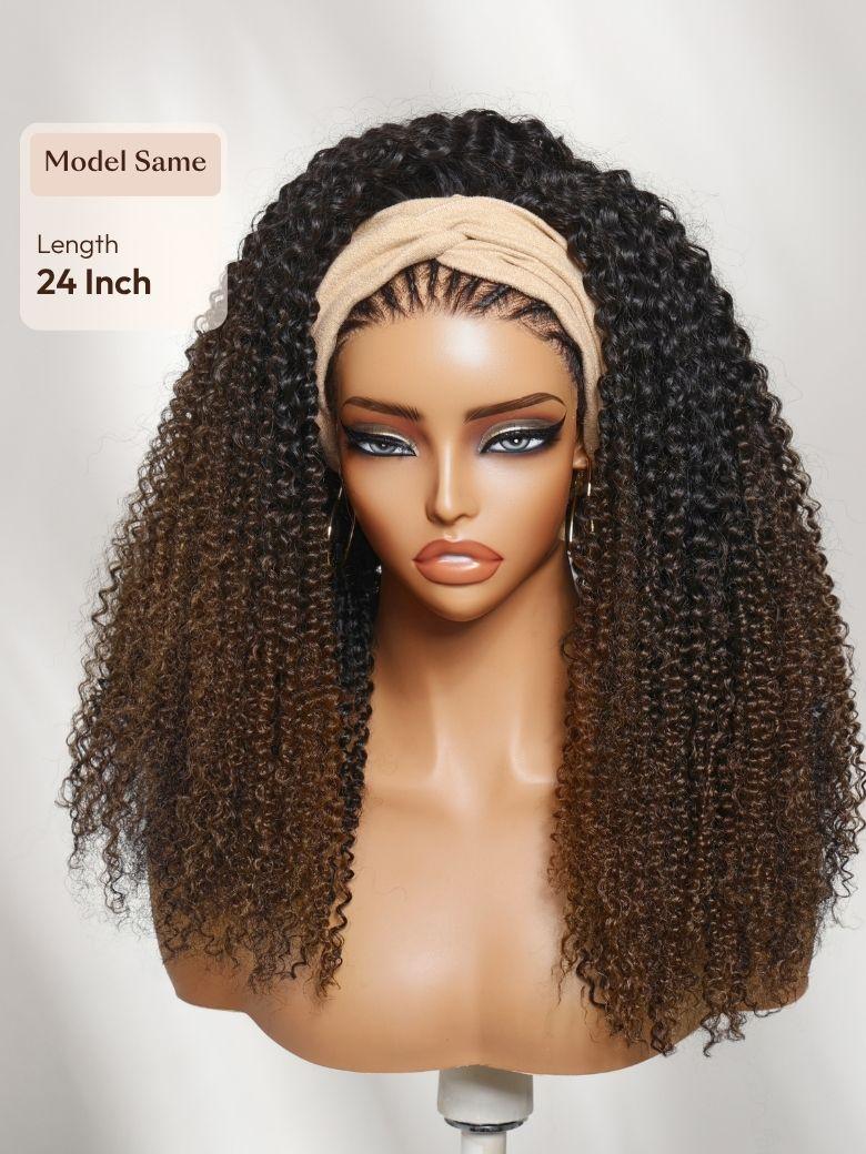 A model displays the UNice Price Drop UNice Versatile 2-in-1 Black to Brown Ombre Turn-Around Kinky Curly, showing a wig with curly hair on a mann and kinky curly.