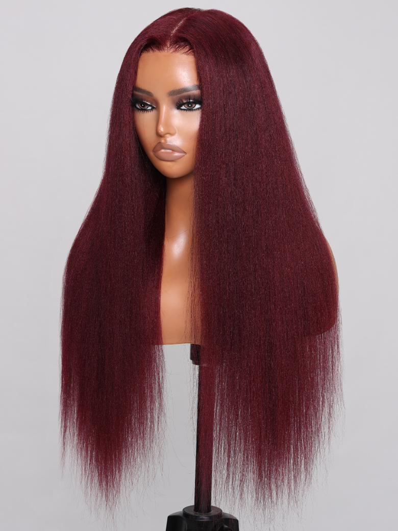 The UNice Bye Bye Knots Wig 7x5 Glueless Lace Burgundy Yaki Wig With Bleached Knots product image shows a wig with long red hair on a mann and yaki texture, burgundy.