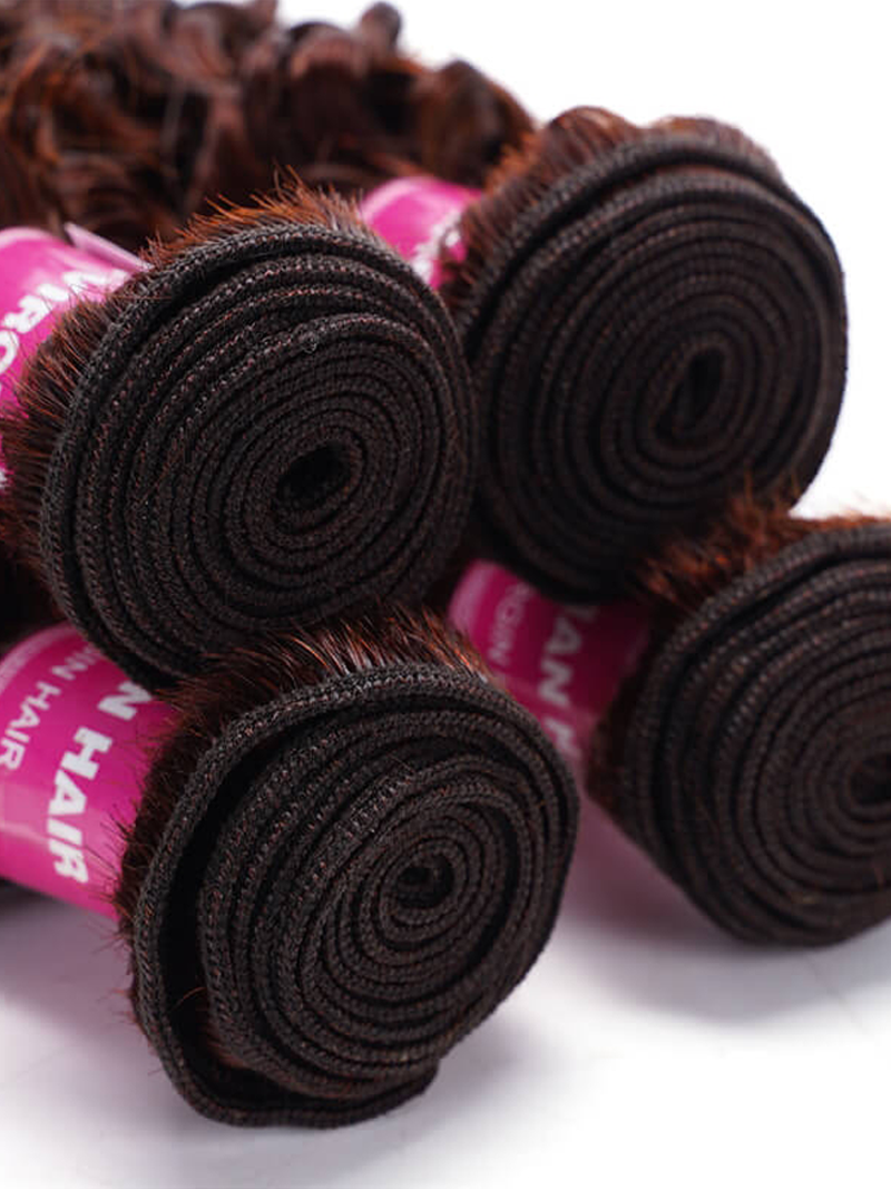 The UNice Mahogany Red Brown Jerry Curl 3Pcs 100% Remy Human Hair Bundles image highlights HAIR, a bunch of brown hair and jerry curl texture, bundle fullness.