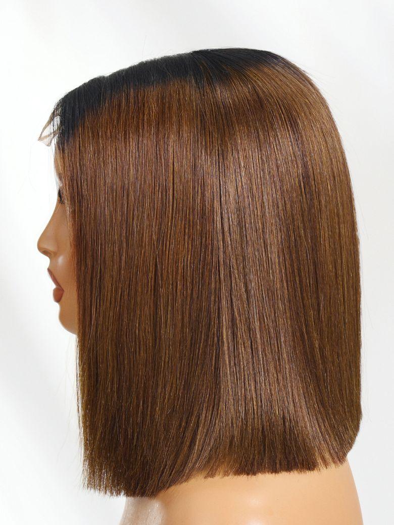 A model displays the UNice 2x6 Closure 200% Density #4 Brown With Dark Root Bob Wig, showing a model with a short brown bob bob bob bob bob bob bob bob bob bob bob bob.