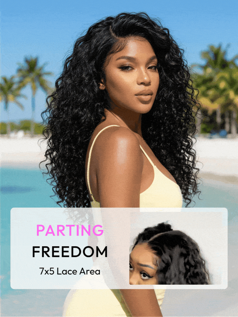 A model displays the UNice 7x5 Bye Bye Slip Glueless Water Wave Drawstring Wig With Baby Hair, showing a model with long black hair standing on a beach and water wave.
