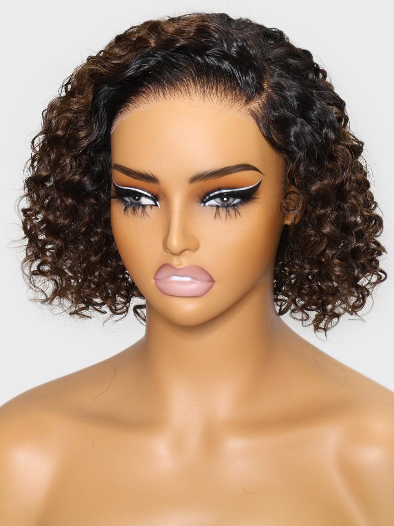 The UNice 7x5 Lace Bye Bye Slip Lace Frontal Side Part Wig Chestnut Brown Ombre Short product image shows a manne with a black wig and a pink lip and curly texture.