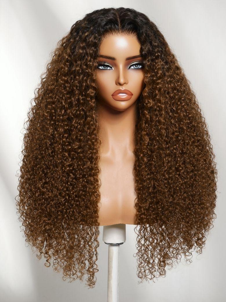 The UNice 7x5 Bye Bye Slip Lace Warm Caramel Brown with Dark Roots Natural Afro Curly wig product image shows a wig with long curly hair on a mann and curly texture.