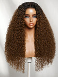 The UNice 7x5 Bye Bye Slip Lace Warm Caramel Brown with Dark Roots Natural Afro Curly wig product image shows a wig with long curly hair on a mann and curly texture.