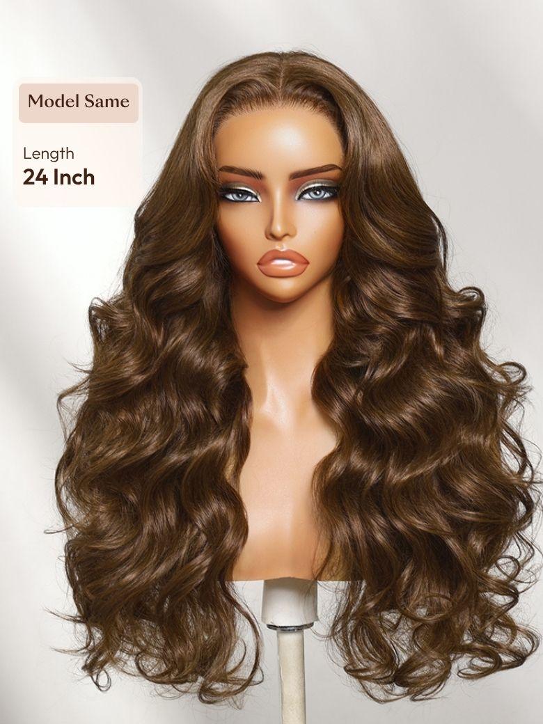 A model displays the UNice 13x4 Bye Bye Slip Lace Frontal Soft Ombre Caramel Brown Balayage Body Wave Wig, showing a woman sitting in a car with a cell and body wave.