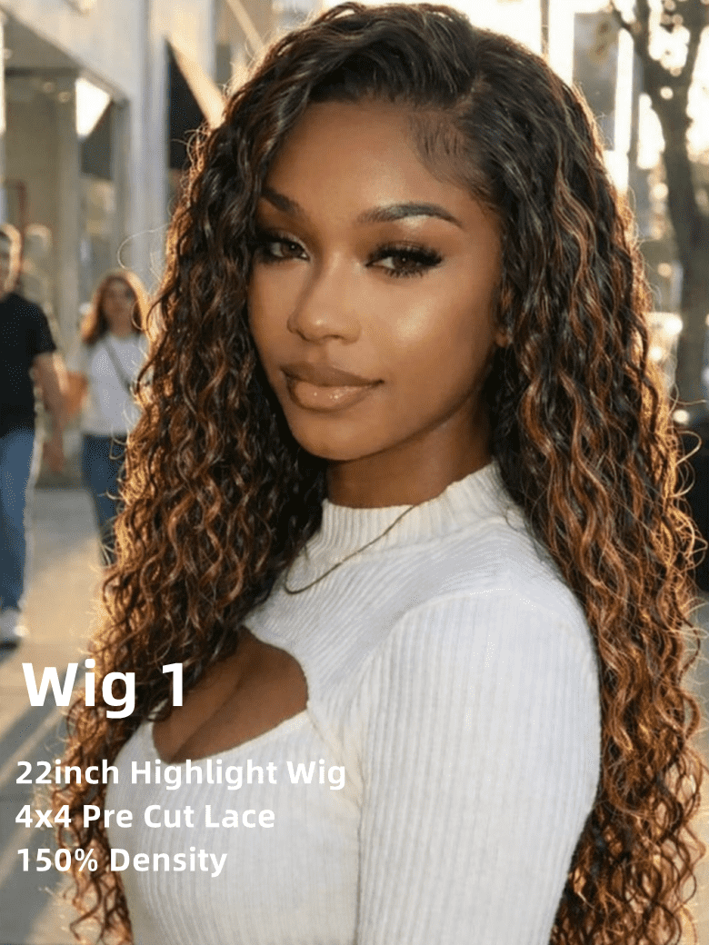 A model displays the UNice Limited Stock 13x4/5x5 HD/4x4 pre Cut 22"-34" Highlight Water Wave/ Chocolate wig, showing a model with long curly hair and a white sweater.
