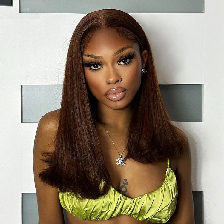 13x4 Frontal Lace Chocolate Brown Straight Wig Transparent Lace Realistic Hairline