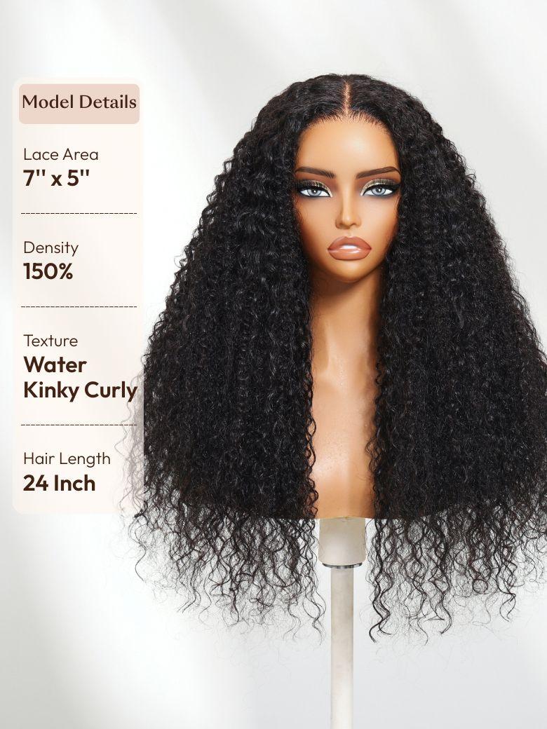 A model displays the UNice Bye Bye Knots 7x5 Lace Multi Textured Water Kinky Curly Wig with Invisi Drawstring, showing a wig with curly hair and a full wig and kinky.
