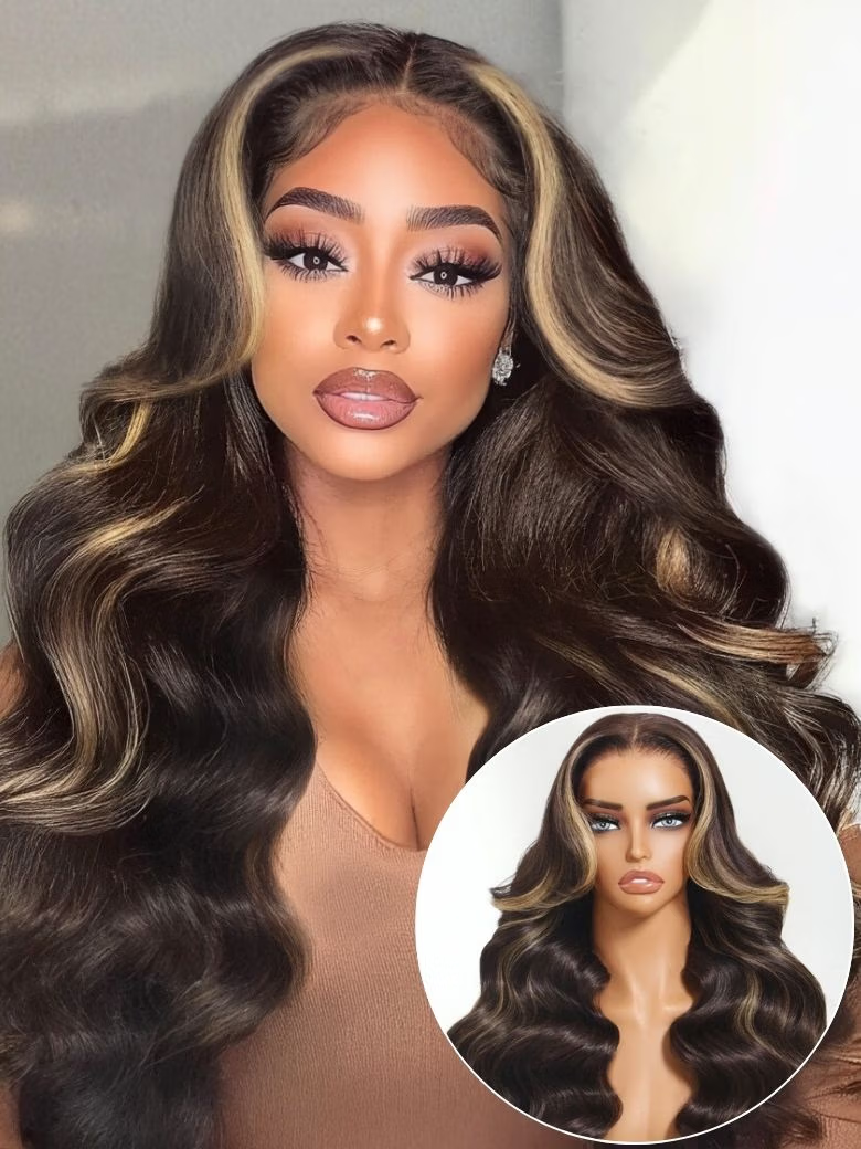 A model displays the UNice 18'' Chocolate Brown With Highlights Loose Wave Wig 7X5 Bye-bye knots With, showing a model with long brown hair and a brown wig and loose.