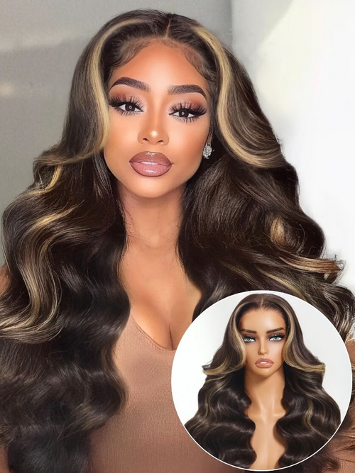 A model displays the UNice 18'' Chocolate Brown With Highlights Loose Wave Wig 7X5 Bye-bye knots With, showing a model with long brown hair and a brown wig and loose.