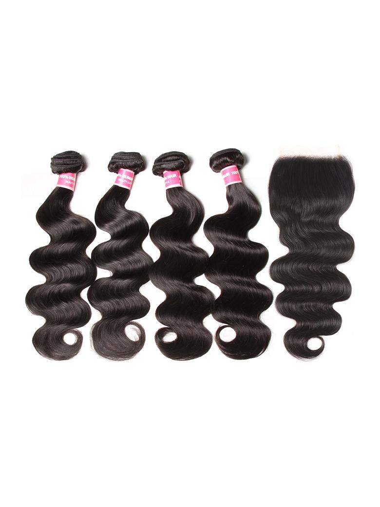 The UNice Hair 5x5 HD Lace Closure With 4 Bundles Body Wave Human Hair Weaves product image shows brazilian body wave hair bundles and body wave texture, 5x5, lace.