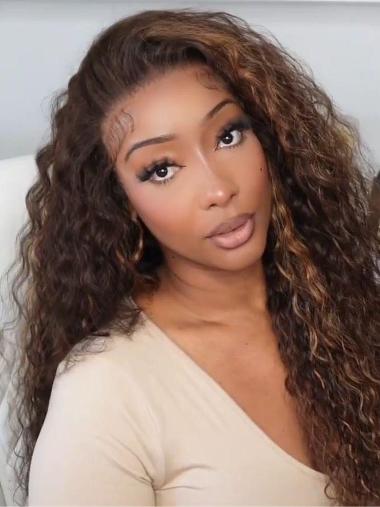 A model displays the UNice Human Hair Bye Bye Knots 7x5 Lace Dark Toffee Brown with Auburn Highlights wig, showing a model with long curly hair and a white shirt.