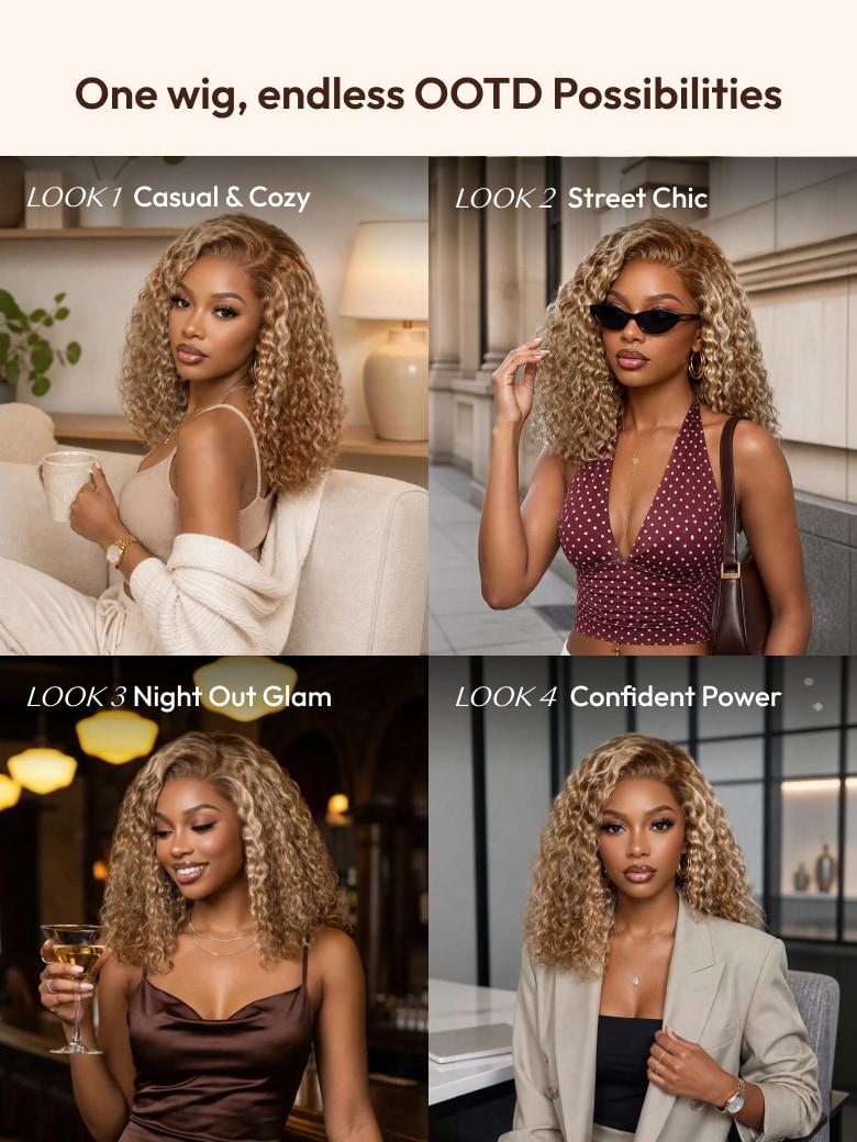 A model displays the UNice 7x5 Bye Bye Slip Pre-Cut Lace Glueless Invisible Drawstring Honey Blonde wig, showing a model with long curly hair and sunglasses and curly.