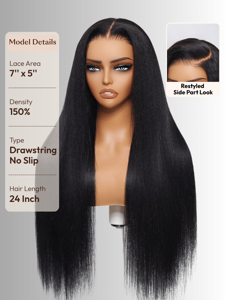 The UNice 7x5 Bye Bye Slip Yaki Straight Black Glueless Wig With Invisible Drawstring image highlights Model Details, Lace Area, Restyled, SidePartLook, full lace wigs.