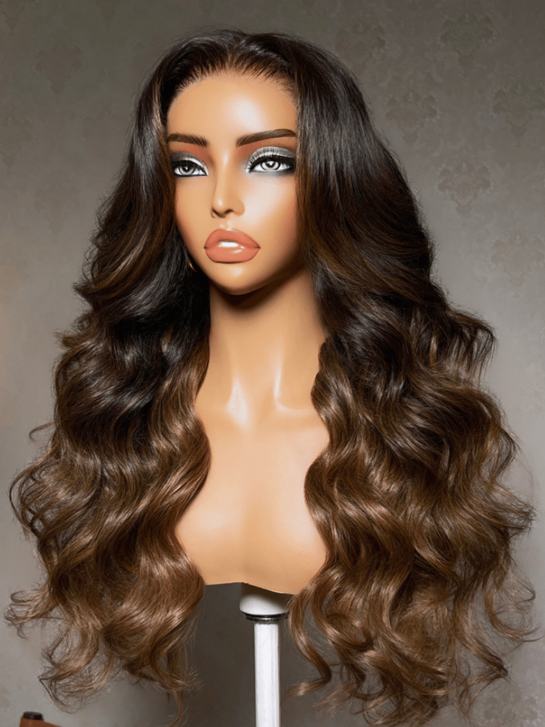 A model displays the UNice 13x4 Bye Bye Slip Lace Frontal Soft Ombre Caramel Brown Balayage Body Wave Wig, showing a wig with long wavy hair and body wave texture.