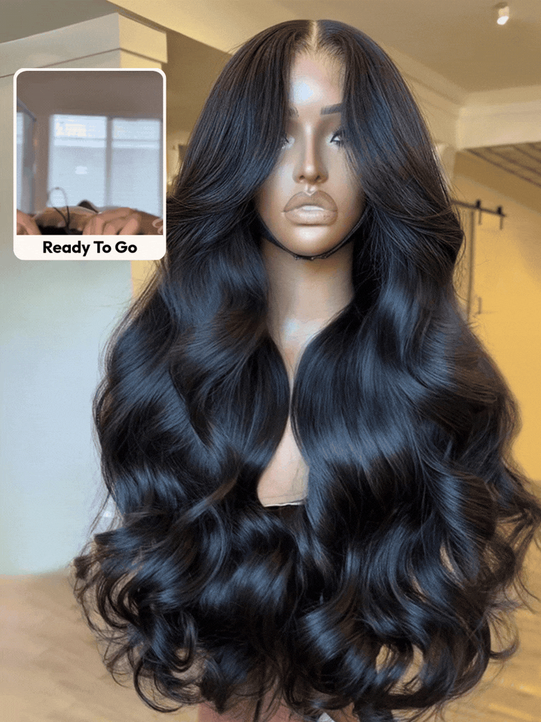 A model displays the UNice 13x4 HD Lace Bye Bye Slip Body Wave Wig - Pull & Go Fit Ear-to-Ear with Invisi, showing a wig with long hair on a manne and body wave texture.