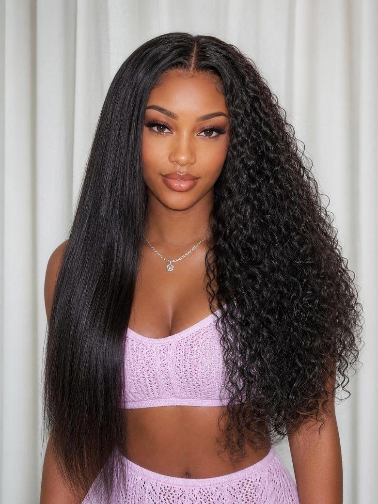 A model displays the UNice Bye Bye Slip 7x5 Lace Warm Brown with Beige Blonde Ribbon Highlights Layered wig, showing a model with blonde hair and a black top sitting.