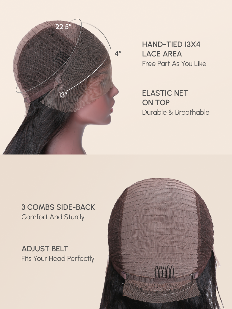 A model displays the UNice 200% Density 13x4 Larger Lace Frontal Curly Hair wig Pre Plucked Human Hair, showing a model with long hair and a ponytail and curly texture.
