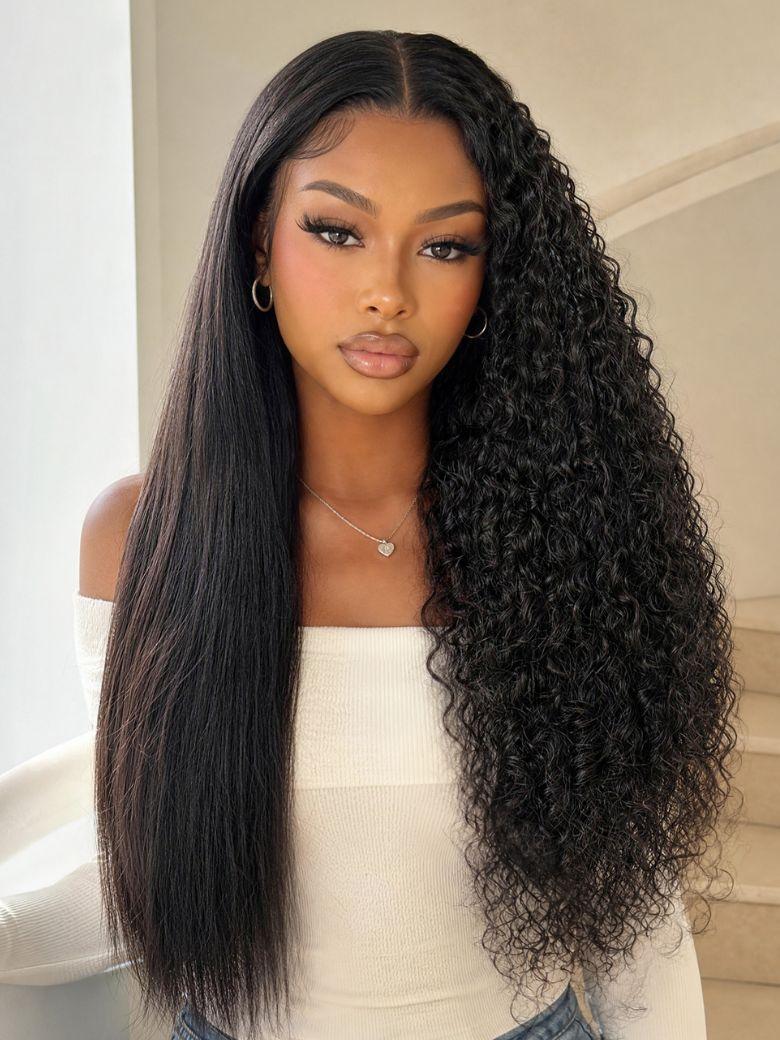 A model displays the UNice InvisiBlend V Part Curly Texture Drawstring Human Hair Wig With Finger Coil Ends, showing a model with long curly hair and a white shirt.