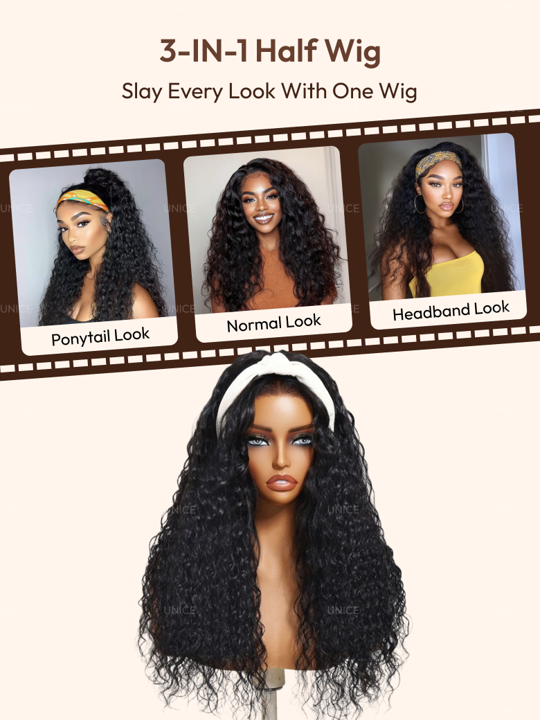 The UNice 7x5 Pre-Cut Lace 180% Density & 10 seconds flip-over Half Wig Water Wave With image highlights 3-IN-1 HalfWig, Slay Every LookWith OneWig, Headband Look.
