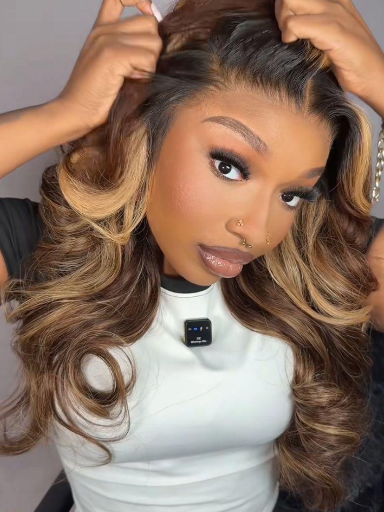 A model displays the UNice 13x4 Bye Bye Slip Lace Frontal Honey Brown Loose Wave Drawstring Wig with, showing a model with long brown hair and a white top and loose wave.