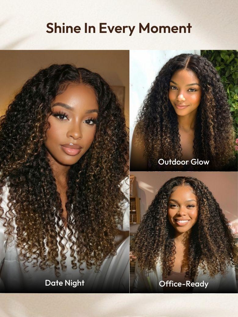 The UNice 7x5 Bye Bye Slip Glueless Lace Black to Chestnut Brown Ombre Burmese Curly wig visual image position 6 shows a model with long curly hair and a white shirt |.