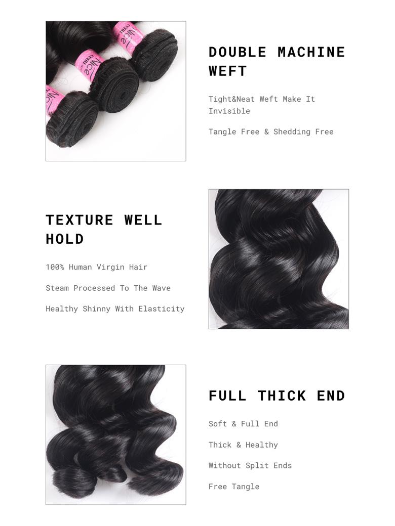 The UNice Hair Loose Wave Hair Extensions Unprocessed Human Virgin Hair image highlights DOUBLE MACHINE, WEFT, Tight&Neat Weft Make It, Invisible, the different types.