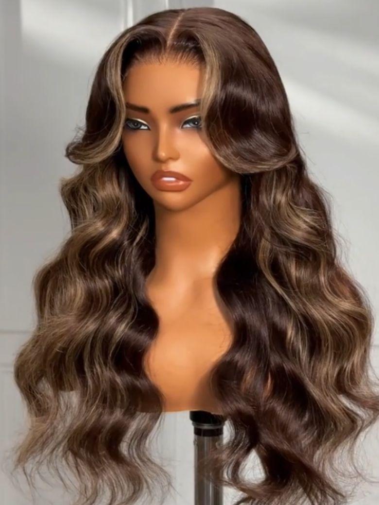 A model displays the UNice 18'' Chocolate Brown With Highlights Loose Wave Wig 7X5 Bye-bye knots With, showing a wig with long wavy hair and loose wave texture.