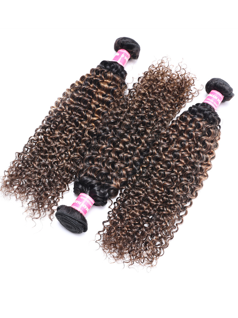 The UNice #FB30 Brown Balayage Highlight 3Pcs Jerry Curly Human Hair Bundles product image shows brazilian curly hair bundles and jerry curl texture, curly texture.