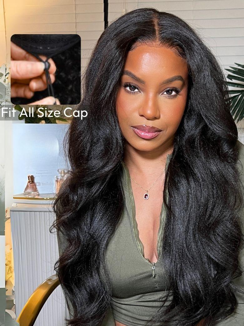 A model displays the UNice EasiContour V Part Glueless Yaki Glueless Wig Invisi Drawstring Human Hair, showing a model with long hair and a green shirt and yaki texture.