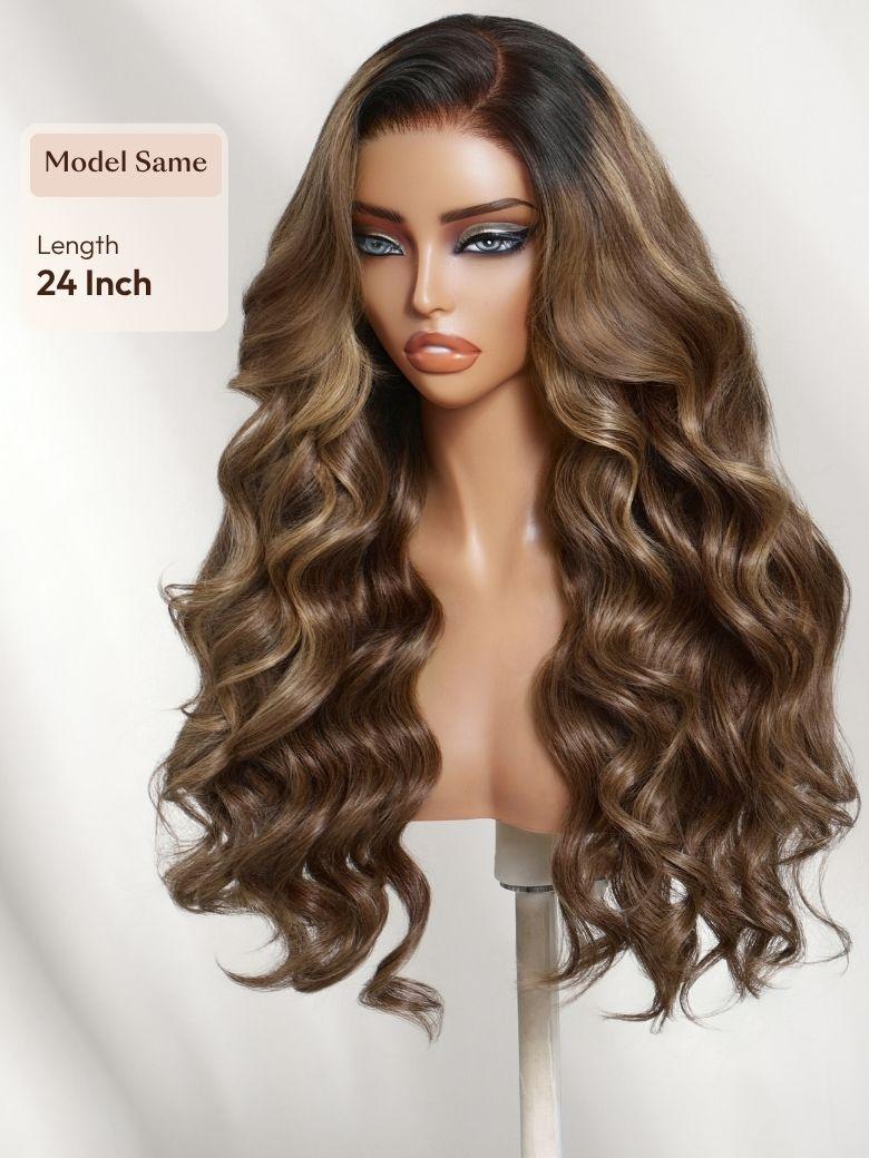 The UNice Bye Bye Slip 7x5 Lace Glueless Ash Brown Highlights Luxury Body Wave wig image highlights Model Same, Length, 24Inch, a wig with long wavy hair and brown.