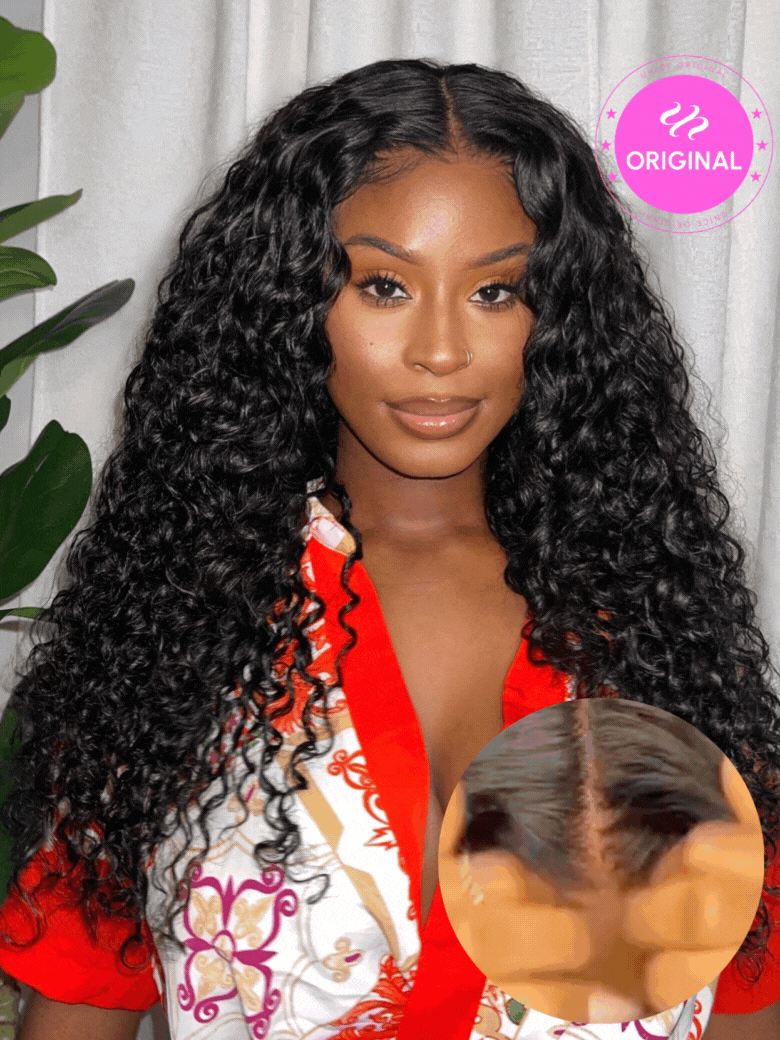 A model displays the UNice New In 13x4 Pre-Everything Lace Frontal & 7X5 Lace Natural Black Bouncy Water, showing a model with long curly hair holding a doll and water.