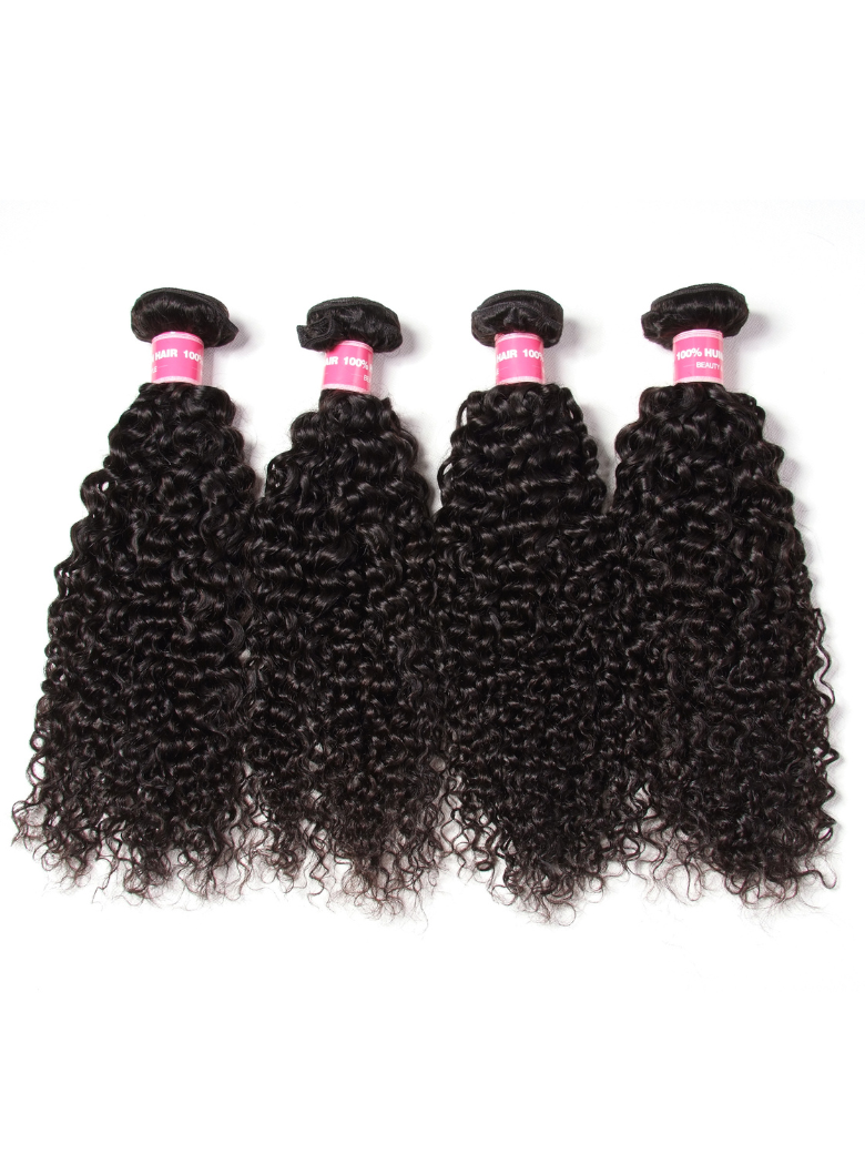 The UNice Brazilian Jerry Curly Virgin Hair 4pcs/pack product image shows 3 bundles brazilian curly hair bundles and jerry curl texture, curly texture.