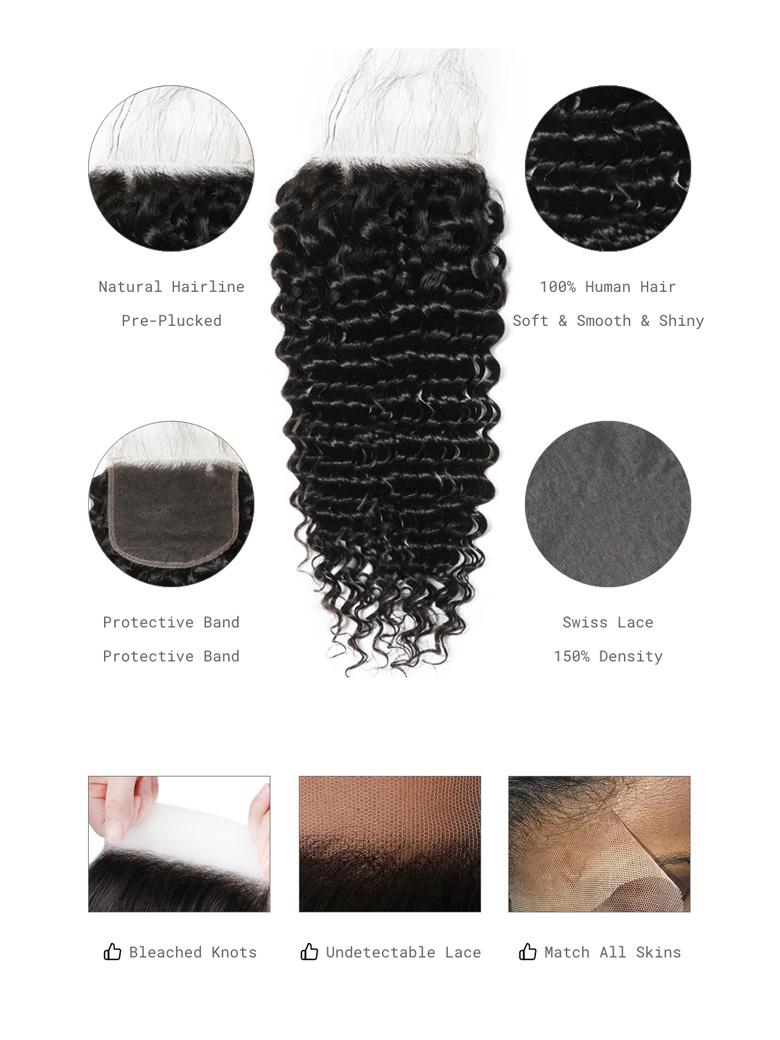 The UNice Undetectable HD Lace 5x5 Closure with 3 Deep Wave Bundles image highlights Natural Hairline, 100% Human Hair, Pre-Plucked, Soft&Smooth&Shiny, brazilian deep.