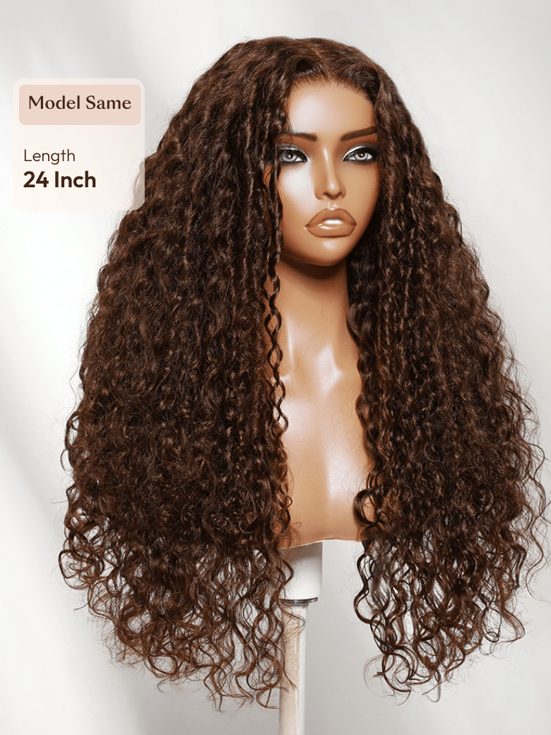 The UNice Bye Bye Slip 7x5 Lace Glueless Auburn/Red Brown Type 3/4-Inspired wig image highlights Model Same, Length, 24Inch, a wig with long curly hair on a mann.
