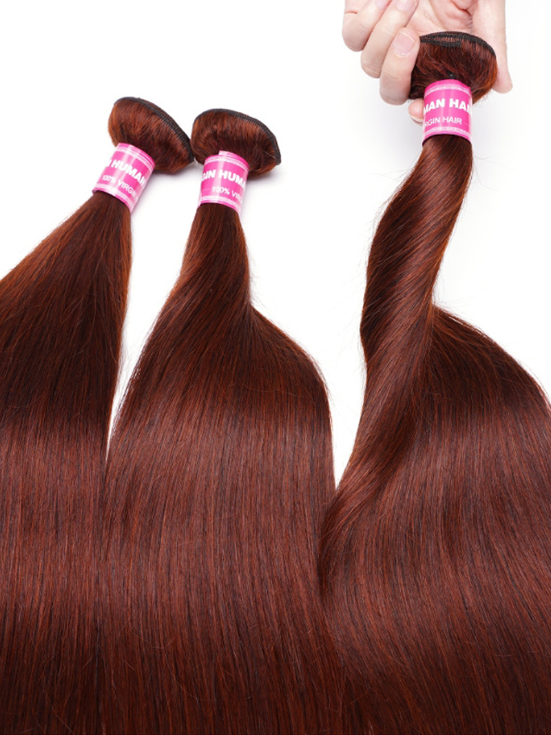 The UNice Reddish Brown Straight 1Pc 100% Remy Human Hair Bundle image highlights HANHAL, GINHAIR, a person holding a pair of brown hair and straight texture, reddish.