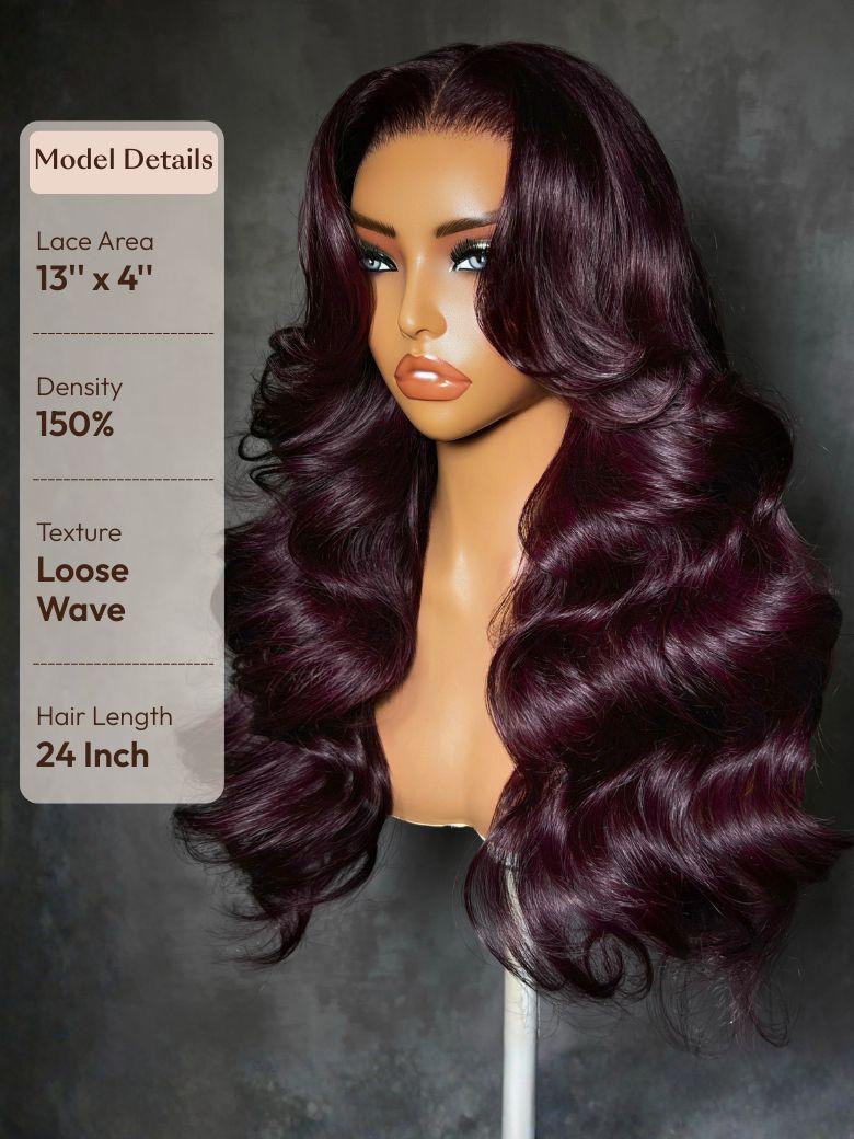 The UNice 7x5 & 13x4 Bye Bye Slip Glueless Lace Purple Black Cherry Loose Wave & Layered image highlights Model Details, Lace Area, Density, Texture, a wig with long.