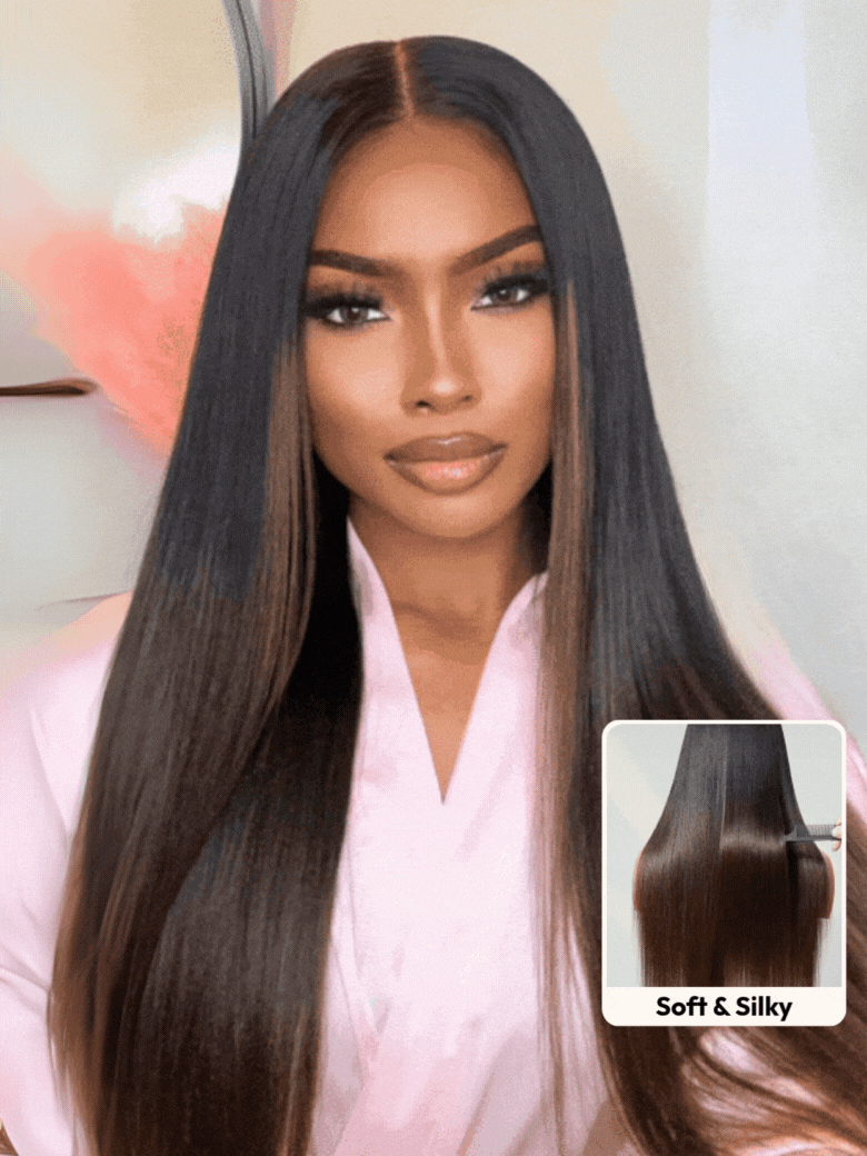 The UNice 7x5 Bye Bye Knots Lace Black to Chestnut Brown Ombre Yaki Straight Wig Invisi visual image position 3 shows a model with long hair and a pink shirt | visible.