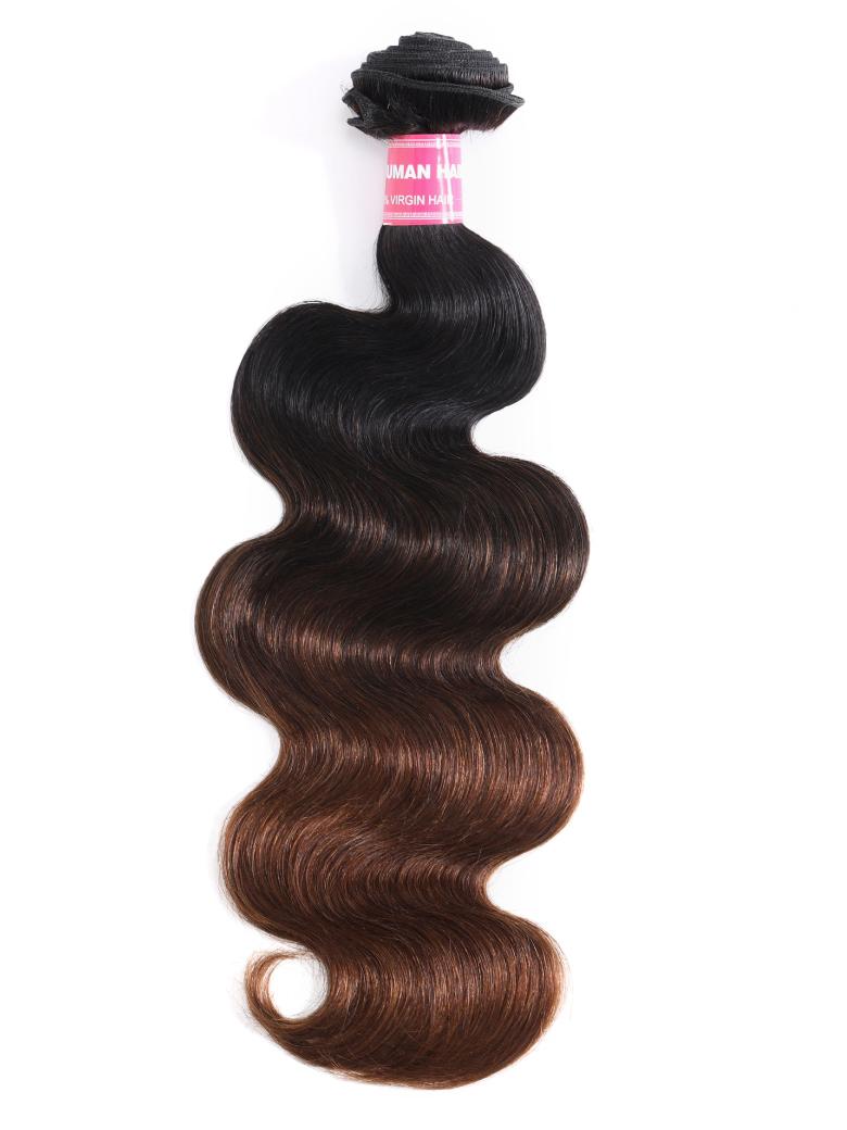 The UNice Chestnut Brown Ombre Body Wave 1 Piece Human Hair Bundle image highlights UMAN, VRGINHA, brazilian body wave hair extensions and body wave texture, ombre.